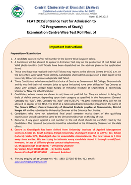 Entrance Test Roll No Centre Wise for FEAT 2015 on 21St June 2015