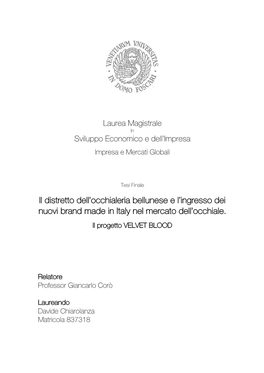 Il Distretto Dell'occhialeria Bellunese E L'ingresso Dei Nuovi Brand Made in Italy Nel Mercato Dell'occhiale