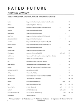 Andrew Dawson Selected Producer, Engineer, Mixer & Songwriter Credits