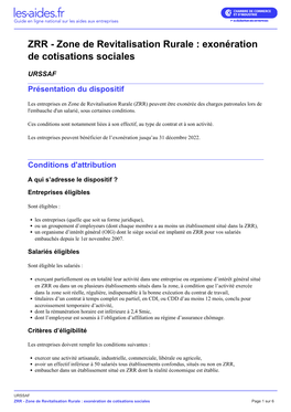 ZRR - Zone De Revitalisation Rurale : Exonération De Cotisations Sociales