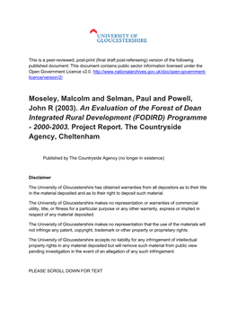 An Evaluation of the Forest of Dean Integrated Rural Development (FODIRD) Programme - 2000-2003