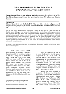 Mites Associated with the Red Palm Weevil (Rhynchophorus Ferrugineus) in Tunisia