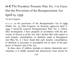 66 President Presents Plan No. I to Carry out the Provisions of the Reorganization Act