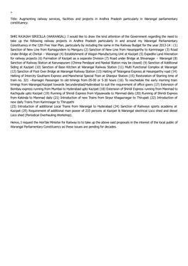 Augmenting Railway Services, Facilities and Projects in Andhra Pradesh Particularly in Warangal Parliamentary Constituency