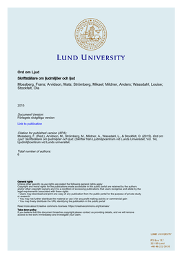 Ord Om Ljud Skriftställare Om Ljudmiljöer Och Ljud Mossberg, Frans; Arvidson, Mats; Strömberg, Mikael; Mildner, Anders; Wassdahl, Louise; Stockfelt, Ola