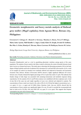 Geometric Morphometric and Heavy Metals Analysis of Flathead Grey Mullet (Mugil Cephalus), from Agusan River, Butuan City, Philippines