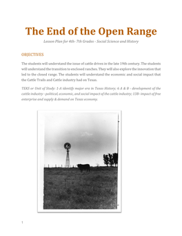 The End of the Open Range Lesson Plan for 4Th- 7Th Grades - Social Science and History