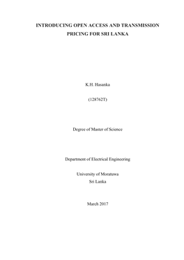 Introducing Open Access and Transmission Pricing for Sri Lanka