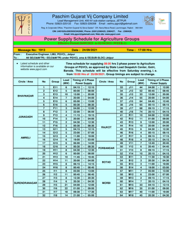 Power Supply Schedule for Agriculture Groups Effective Period:26/09/2021 to 02/10/2021 (WEEK-1)