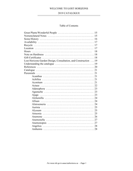 WELCOME to LOST HORIZONS 2019 CATALOGUE Table of Contents Great Plants/Wonderful People