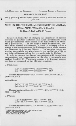 Note on the Thermal Mutarotation of D-Galactose, L-Arabinose, and D-Talose