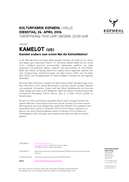 KAMELOT (US) Kamelot Erobern Zum Ersten Mal Die Kofmehlbühne!