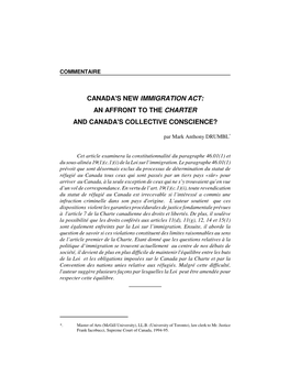 Canada's New Immigration Act: an Affront to the Charter and Canada's Collective Conscience?