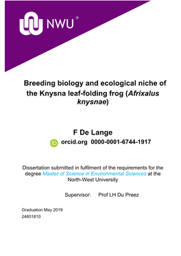 Breeding Biology and Ecological Niche of the Knysna Leaf-Folding Frog (Afrixalus Knysnae)