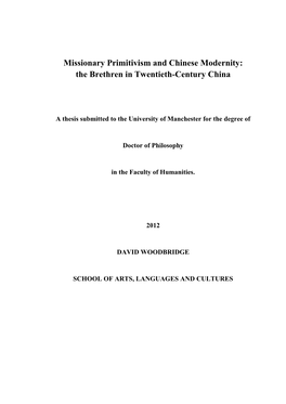 Missionary Primitivism and Chinese Modernity: the Brethren in Twentieth-Century China