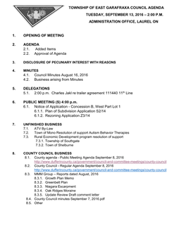 Township of East Garafraxa Council Agenda Tuesday, September 13, 2016 – 2:00 P.M