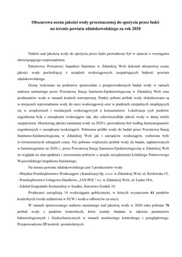 Obszarowa Ocena Jakości Wody Przeznaczonej Do Spożycia Przez Ludzi Na Terenie Powiatu Zduńskowolskiego Za Rok 2020