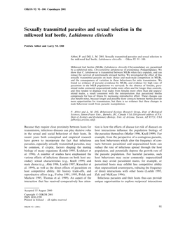 Sexually Transmitted Parasites and Sexual Selection in the Milkweed Leaf Beetle, Labidomera Cli7icollis