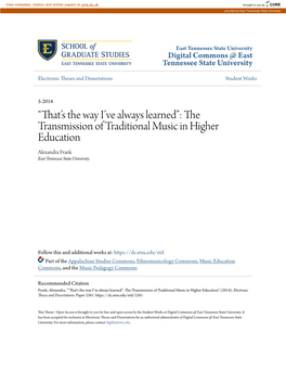 “That's the Way I've Always Learned”: the Transmission of Traditional Music in Higher Education