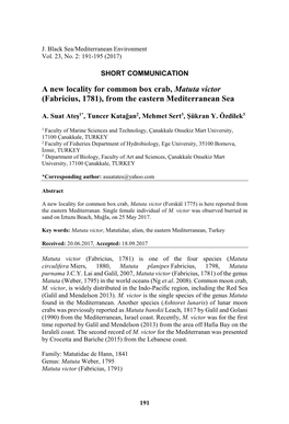 A New Locality for Common Box Crab, Matuta Victor (Fabricius, 1781), from the Eastern Mediterranean Sea