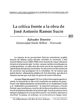 La Crítica Frente a La Obra De José Antonio Ramos Sucre