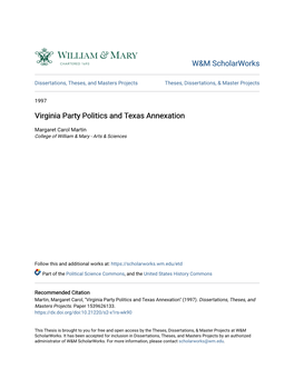 Virginia Party Politics and Texas Annexation