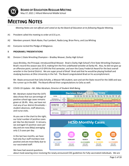 MEETING NOTES Meeting Notes Are Not Official Until Voted on by the Board of Education at Its Following Regular Meeting