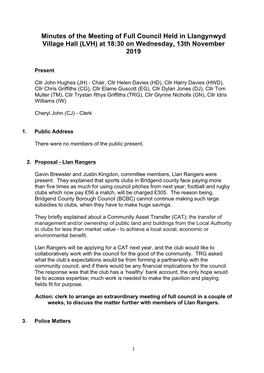 Minutes of the Meeting of Full Council Held in Llangynwyd Village Hall (LVH) at 18:30 on Wednesday, 13Th November 2019