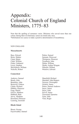 Appendix: Colonial Church of England Ministers, 1775–83