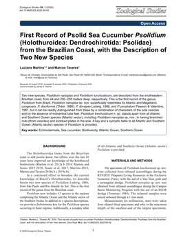 First Record of Psolid Sea Cucumber Psolidium (Holothuroidea: Dendrochirotida: Psolidae) from the Brazilian Coast, with the Description of Two New Species