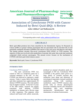 Association of Cytochrome P450 with Cancer Induced by Betel Quid (BQ): a Review Aniket Adhikari* and Madhusnata De