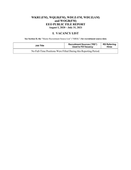 WKRU(FM), WQLH(FM), WDUZ-FM, WDUZ(AM) and WOGB(FM) EEO PUBLIC FILE REPORT August 1, 2020 – July 31, 2021