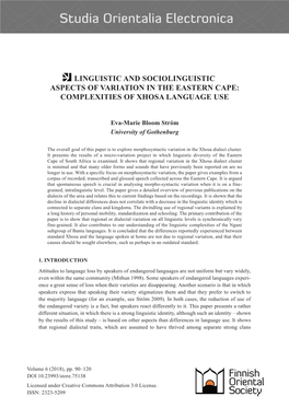 Linguistic and Sociolinguistic Aspects of Variation in the Eastern Cape: Complexities of Xhosa Language Use