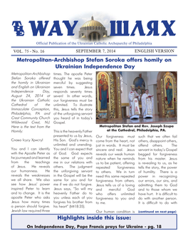 Metropolitan-Archbishop Stefan Soroka Offers Homily on Ukrainian Independence Day Metropolitan-Archbishop Times