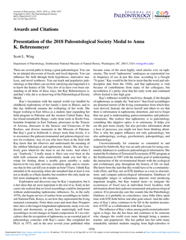 Awards and Citations Presentation of the 2018 Paleontological Society