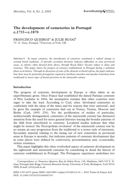 The Development of Cemeteries in Portugal C.1755 – C.1870