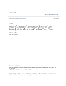 Judicial Method in Conflicts Torts Cases Robert A