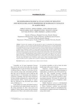 Neuropharmacological Evaluation of Sedative and Muscle Relaxant Properties of Raphanus Caudatus in Albino Mice