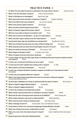 PRACTICE PAPER - 1 1 on Which Purnima Night the Festival Is Celebrated in the Exotic Desert of Kutch.? Ans: Sharad Purnima