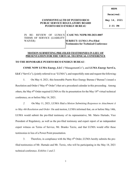 Motion Submitting Pre-Filed Testimonies in Lieu of Presentation for the Virtual Technical Conference