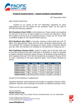 Tropical Cyclone Sarai – Vessel Schedule Amendments 301219