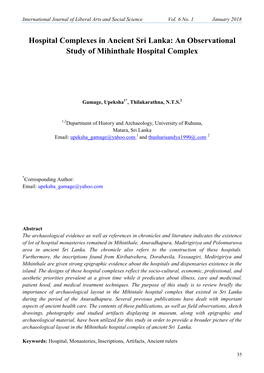 Hospital Complexes in Ancient Sri Lanka: an Observational Study of Mihinthale Hospital Complex