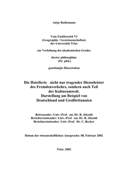 Die Hotellerie – Nicht Nur Tragender Dienstleister Des Fremdenverkehrs, Sondern Auch Teil Der Kulturumwelt