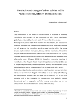 Continuity and Change of Urban Policies in São Paulo: Resilience, Latency, and Reanimation1