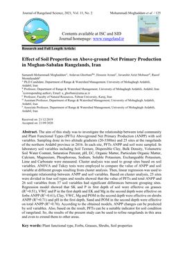 Effect of Soil Properties on Above-Ground Net Primary Production in Moghan-Sabalan Rangelands, Iran