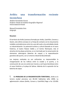 Avilés: Una Transformación Reciente Inconclusa Aladino Fernández García Profesor Titular De Análisis Geográfico Regional Universidad De Oviedo