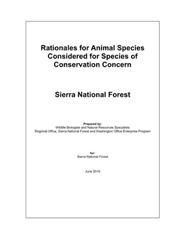Rationales for Animal Species Considered for Species of Conservation Concern