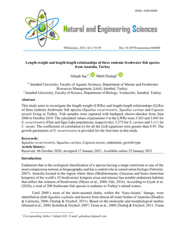 Length-Weight and Length-Length Relationships of Three Endemic Freshwater Fish Species from Anatolia, Turkey 10.28978/Nesciences.868080