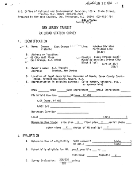 NEW JERSEY TRANSIT RAILROAD STATION SURVEY I, IDENTIFICATION 2. EVALUATION