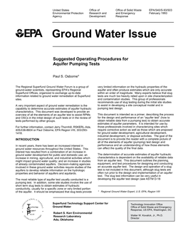 Suggested Operating Procedures for Aquifer Pumping Tests